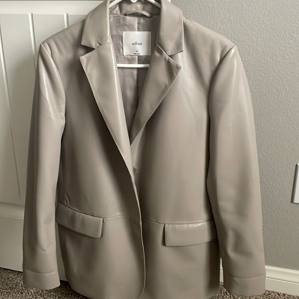 Faux leather blazer from Aritzia. Runs big